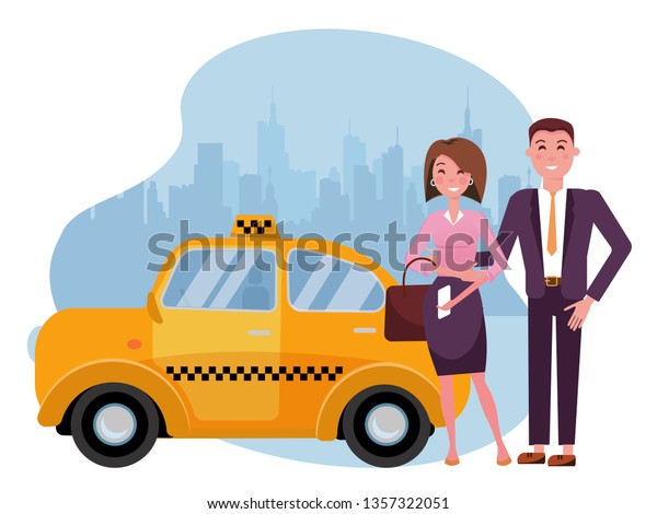 A business couple man in suit and an elegant\
woman are standing next to a taxi on background of silhouette of\
big city. Two passengers called taxi for business trips.Vector flat\
cartoon illustration