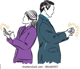 business couple man and woman with phones illustration