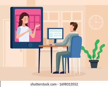 business couple in meeting online reunion vector illustration design