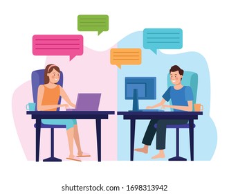 business couple in meeting online reunion vector illustration design