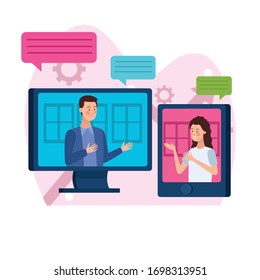 business couple in meeting online reunion vector illustration design