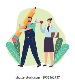 business couple with megaphone characters
