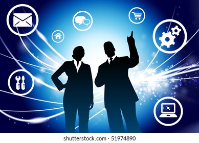 Business Couple on Abstract Modern Light Background Original Illustration
