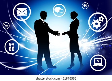 Business Couple on Abstract Modern Light Background Original Illustration