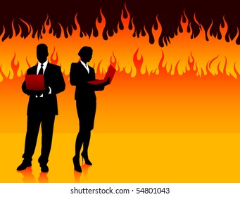 Business Couple on Fire Background Original Illustration