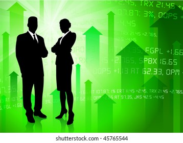 Business Couple on Green Stock Market Background Original Vector Illustration