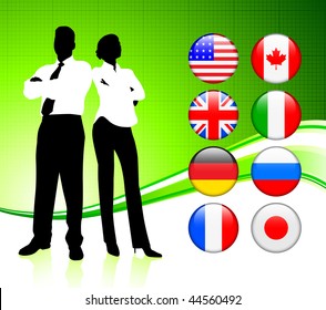 Business Couple on  internet flag buttons background Original Vector Illustration