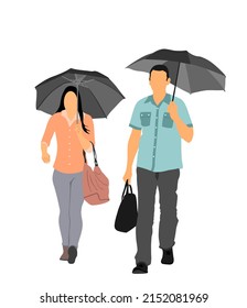 Business couple on the rain walking the street after work vector illustration isolated on white. Woman and man under umbrella outdoor. Elegant business woman with umbrella vector illustration.