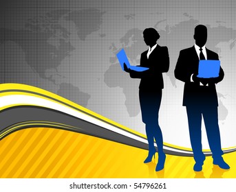 Pareja de negocios en el contexto del Mapa Mundial Ilustración original
