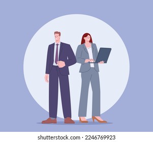 Business couple, partnership and start up entrepreneurs. Flat office man and woman wear suits. Successful happy business people vector characters