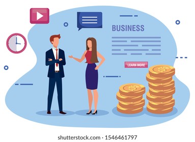 business couple with pile coins and icons vector illustration design