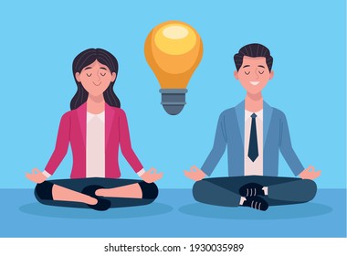 business couple practicing yoga lotus position, vector illustration design