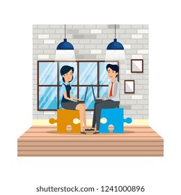 business couple with puzzle piece using laptop in workplace