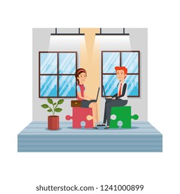 business couple with puzzle piece using laptop in workplace