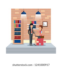 business couple with puzzle piece using laptop in workplace