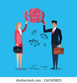 business couple with puzzle pieces in shape speech bubble