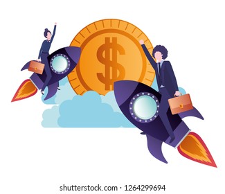 business couple with rocket and coin character