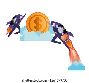 business couple with rocket and coin character