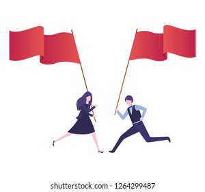 business couple running with flag avatar character