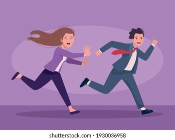 business couple running, stressed avatars characters, vector illustration design