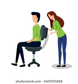 business couple seated in office chair