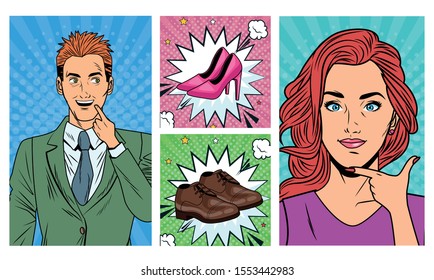 business couple with shoes accessories pop art style vector illustration design
