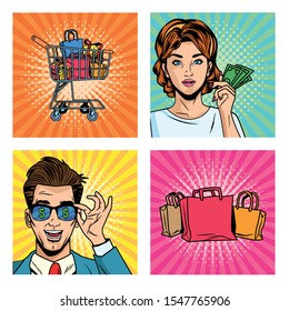 business couple with shopping bags and icons pop art style vector illustration design