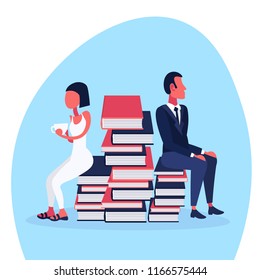 business couple sitting book stack holding coffee cup break concept student education process man woman cartoon character flat vector illustration