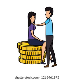 business couple sitting in coins
