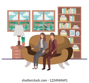 business couple sitting in livingroom avatar character