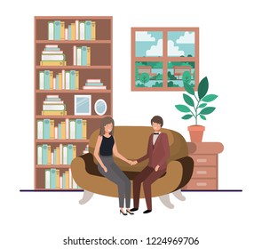 business couple sitting in livingroom avatar character