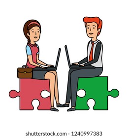 business couple sitting in puzzle piece with laptop