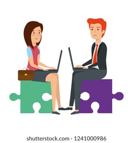 business couple sitting in puzzle piece with laptop