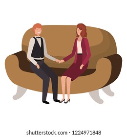 business couple sitting in sofa avatar character