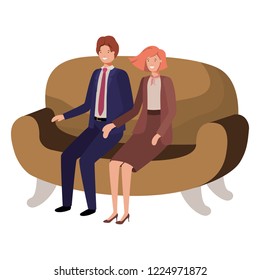 business couple sitting in sofa avatar character