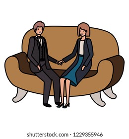 business couple sitting in sofa avatar character