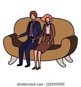 business couple sitting in sofa avatar character