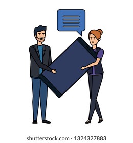 business couple speaking lifting smartphone