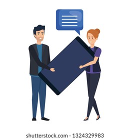 business couple speaking lifting smartphone