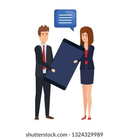 business couple speaking lifting smartphone