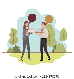 business couple with speech bubble in landscape