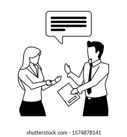 business couple with speech bubble on white background vector illustration design