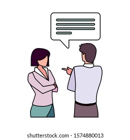 business couple with speech bubble on white background vector illustration design