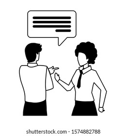 business couple with speech bubble on white background vector illustration design