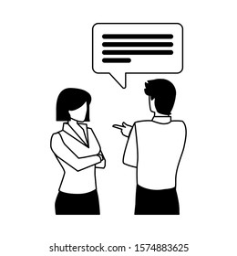 business couple with speech bubble on white background vector illustration design
