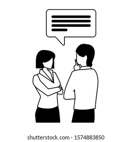 business couple with speech bubble on white background vector illustration design