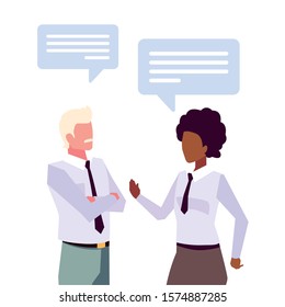 business couple with speech bubble on white background vector illustration design