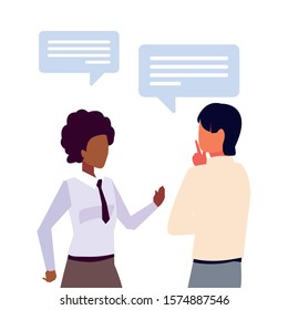 business couple with speech bubble on white background vector illustration design