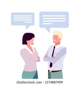 business couple with speech bubble on white background vector illustration design