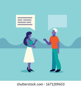 pareja de negocios con diseño de ilustración vectorial de burbuja de voz